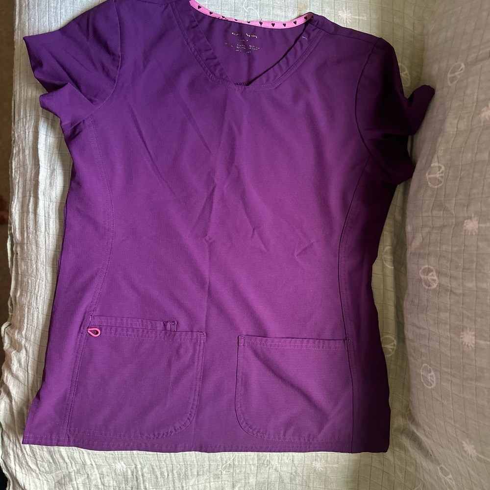 HeartSoul Short Sleeve V-Neck Scrub Top in Purple with Pink Trim